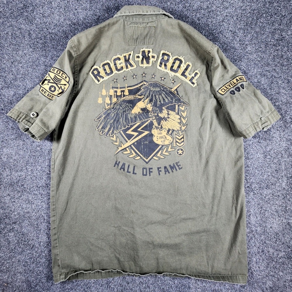Rock & Roll Hall of Fame Mens Small Olive Green Military Patch Button Down Shirt - Picture 5 of 9